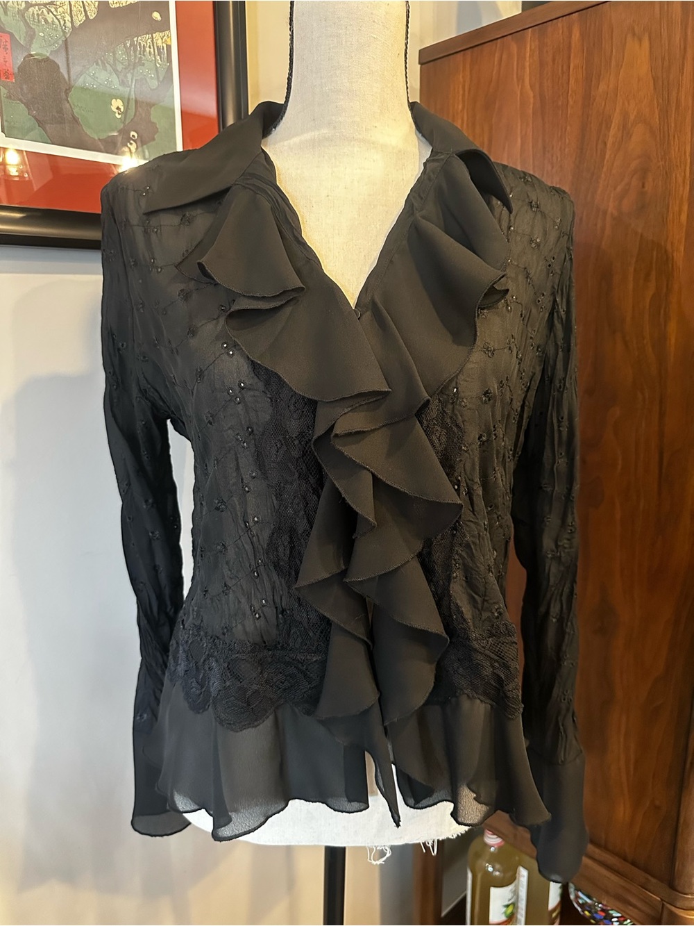Allison Taylor Black Ruffle-Front Blouse